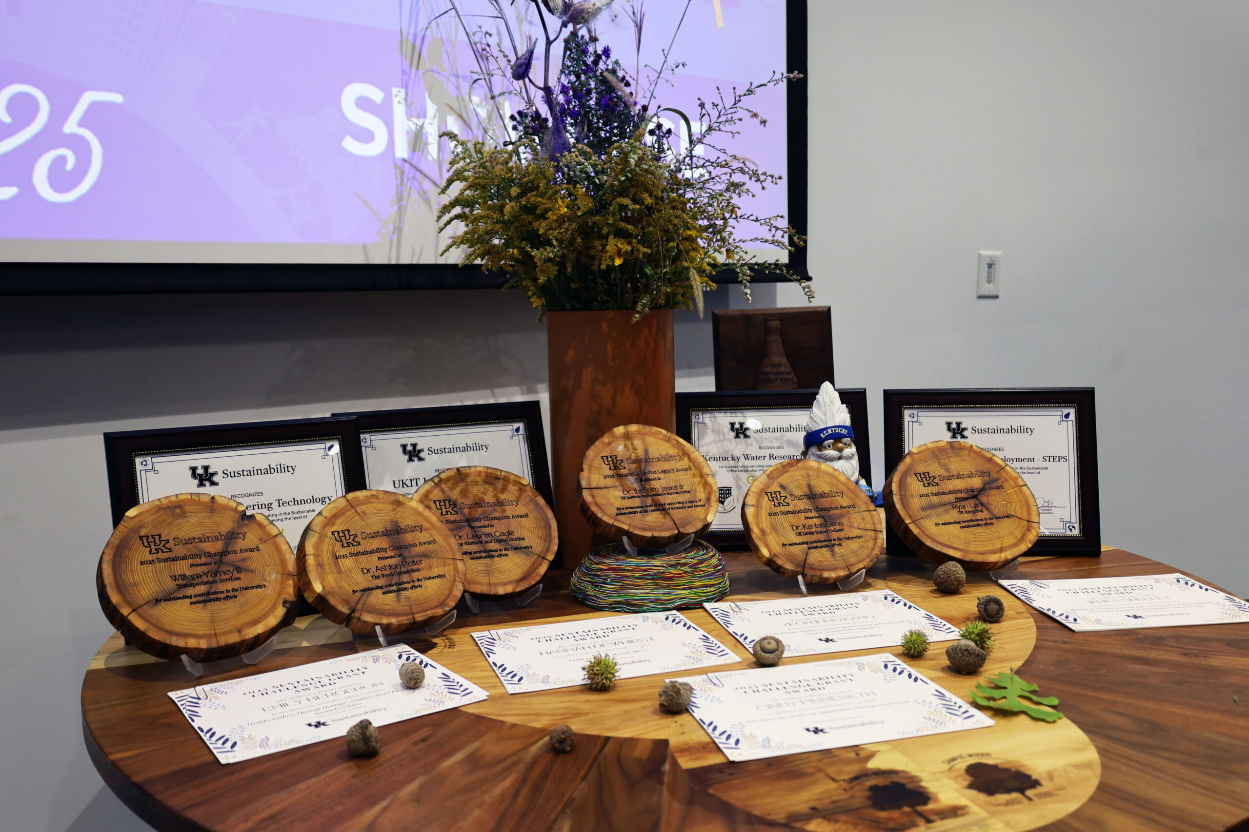 Table with various awards in the forms of certificates, plaques, and frames, with a floral arrangement in the middle