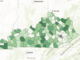 Map of Kentucky counties shaded in varying shades of green, with several counties shown in gray or white.